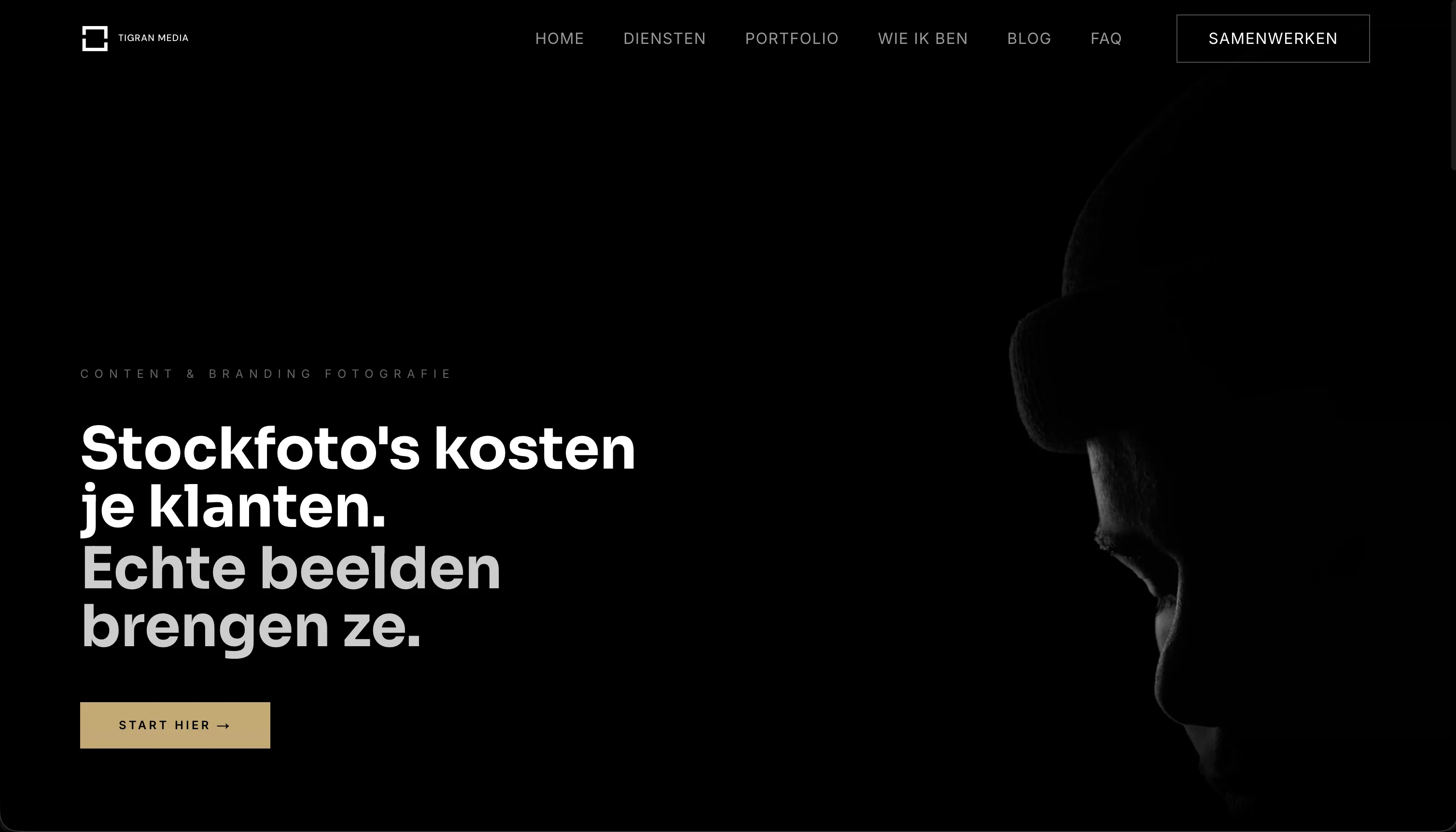 Tigran Media — donkere hero met silhouet en headline over stockfotografie